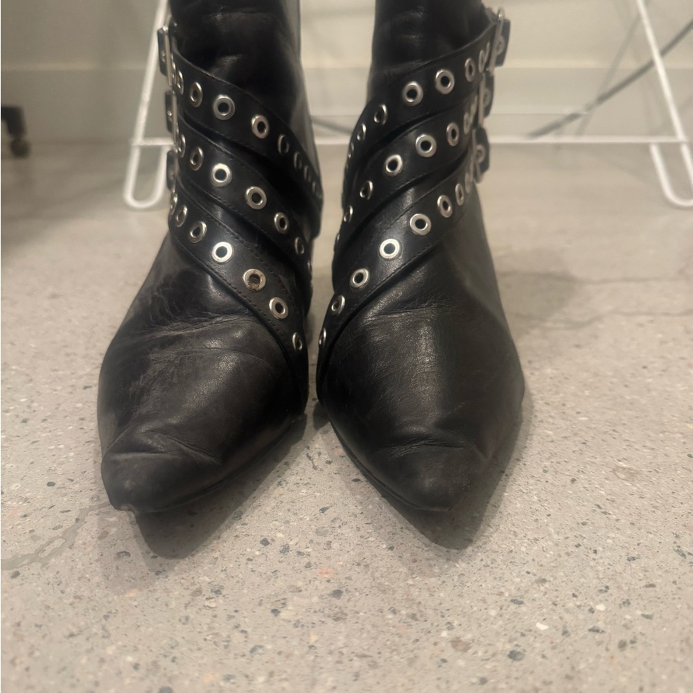 Black Pointed Leather Ankle Boots with Grommet Strap Detail